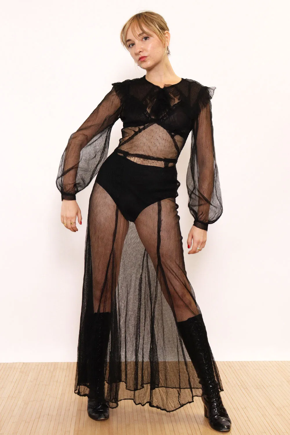 1930s Sheer Black Mesh Gown XS