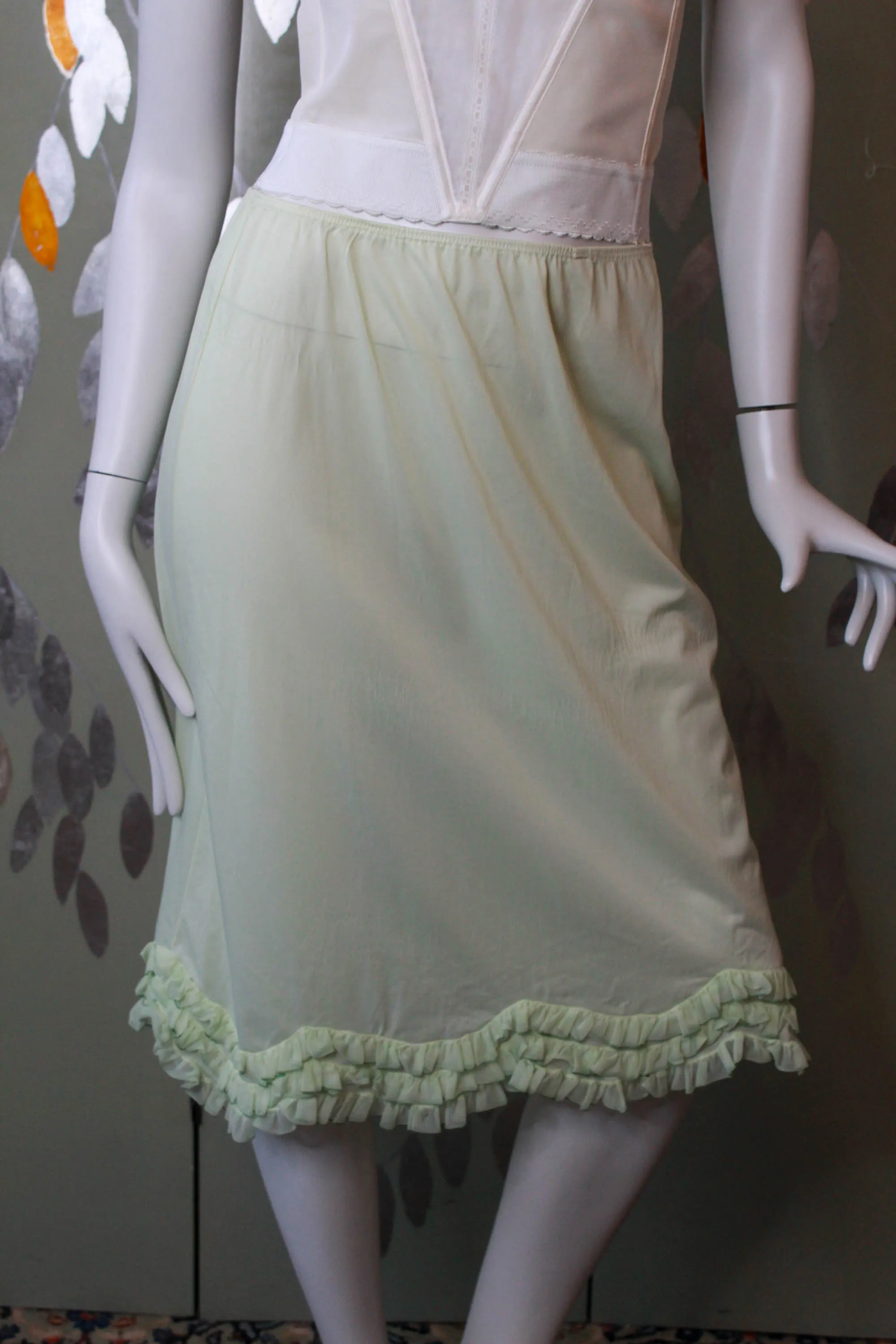 1960s Pale Green Ruffle Hem Slip Skirt, 28-30" Waist