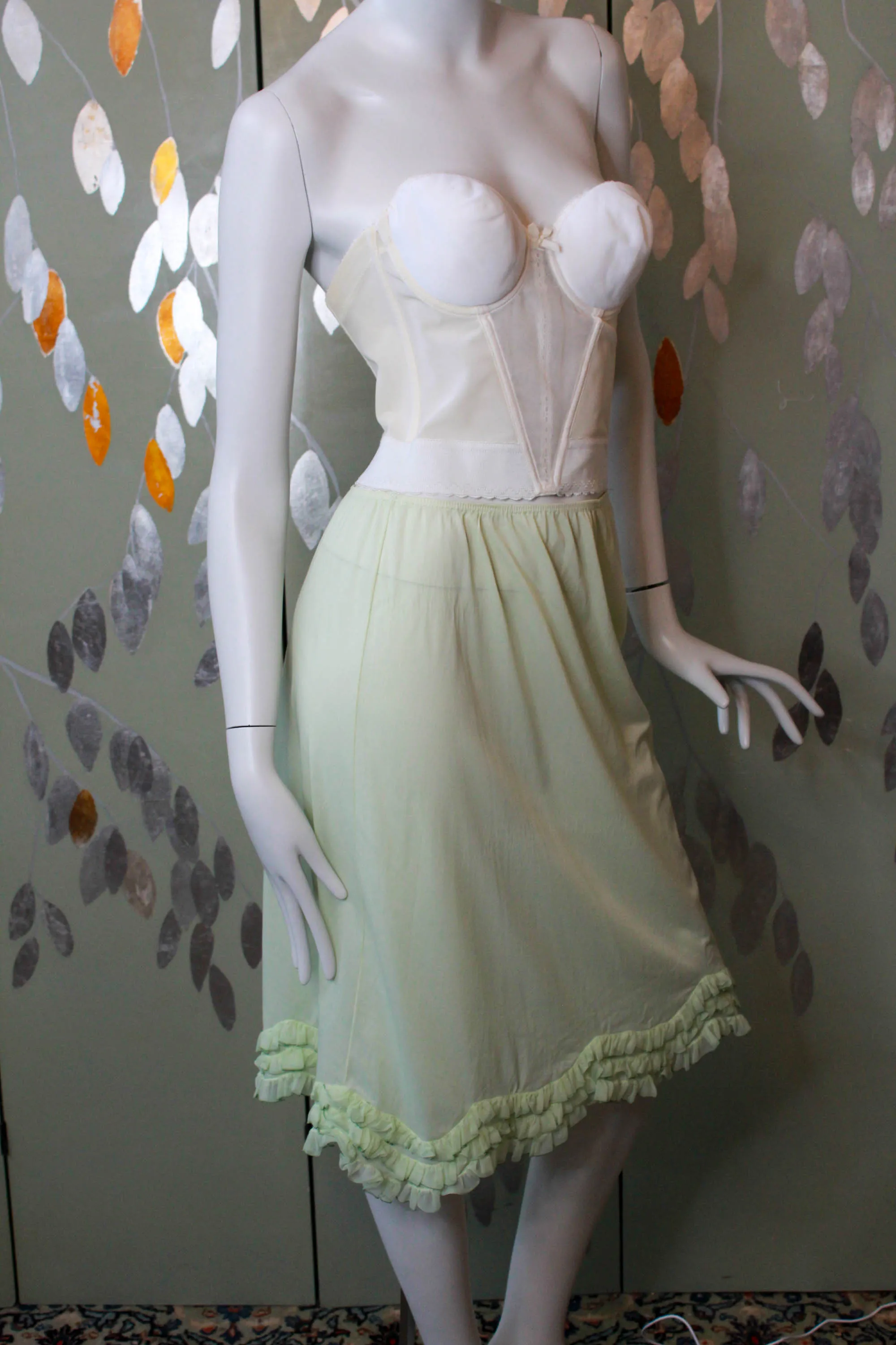 1960s Pale Green Ruffle Hem Slip Skirt, 28-30" Waist