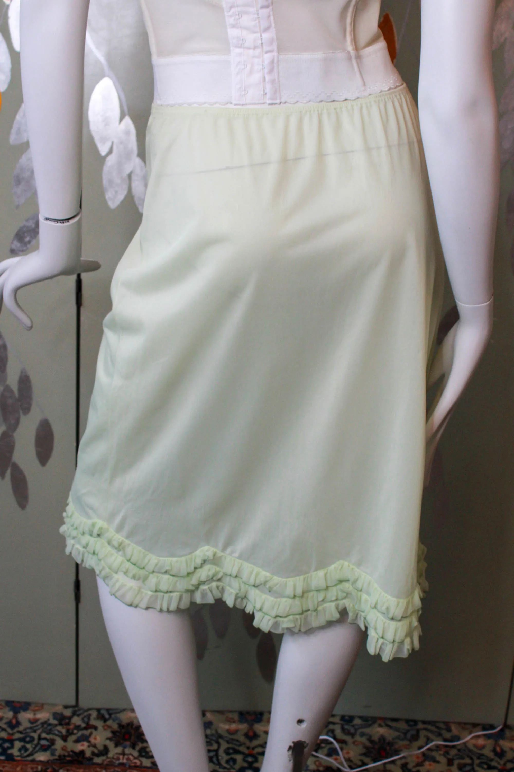 1960s Pale Green Ruffle Hem Slip Skirt, 28-30" Waist