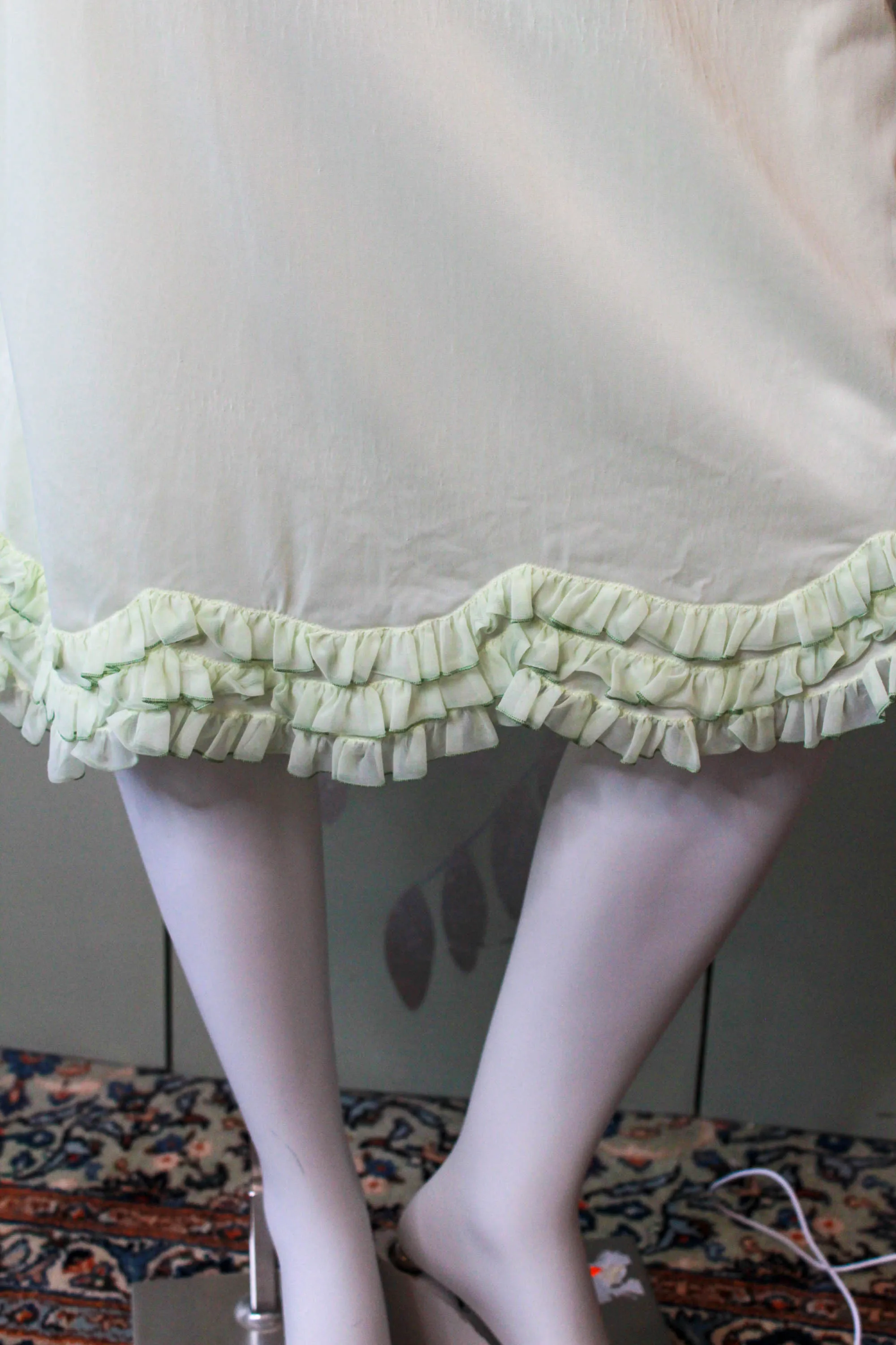 1960s Pale Green Ruffle Hem Slip Skirt, 28-30" Waist