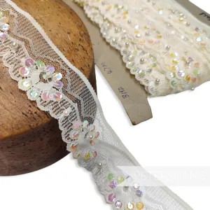 40mm Pearl and Sequin Adorned Ivory Lace with Flower Weave - 1m