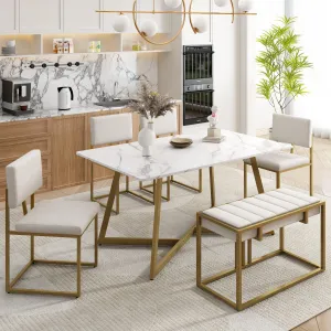 60" Modern Faux Marble 6-Piece Dining Set, Golden Metal Table with Chairs & Bench