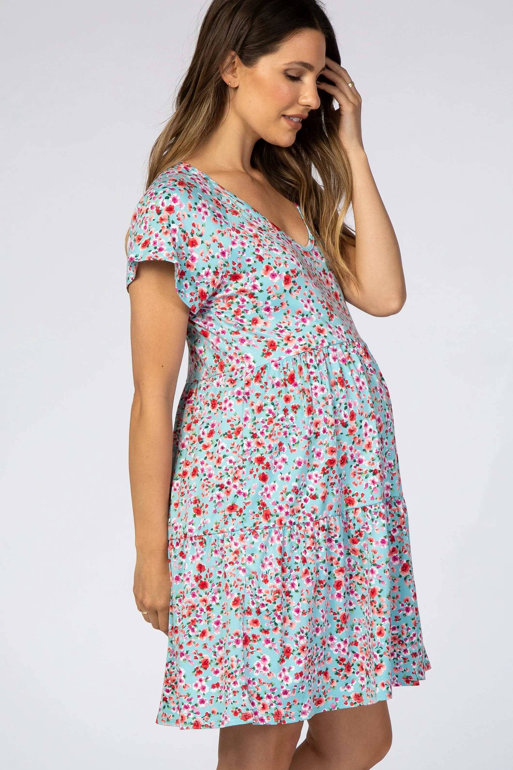 Aqua Floral Pleated Tier Babydoll Maternity Dress