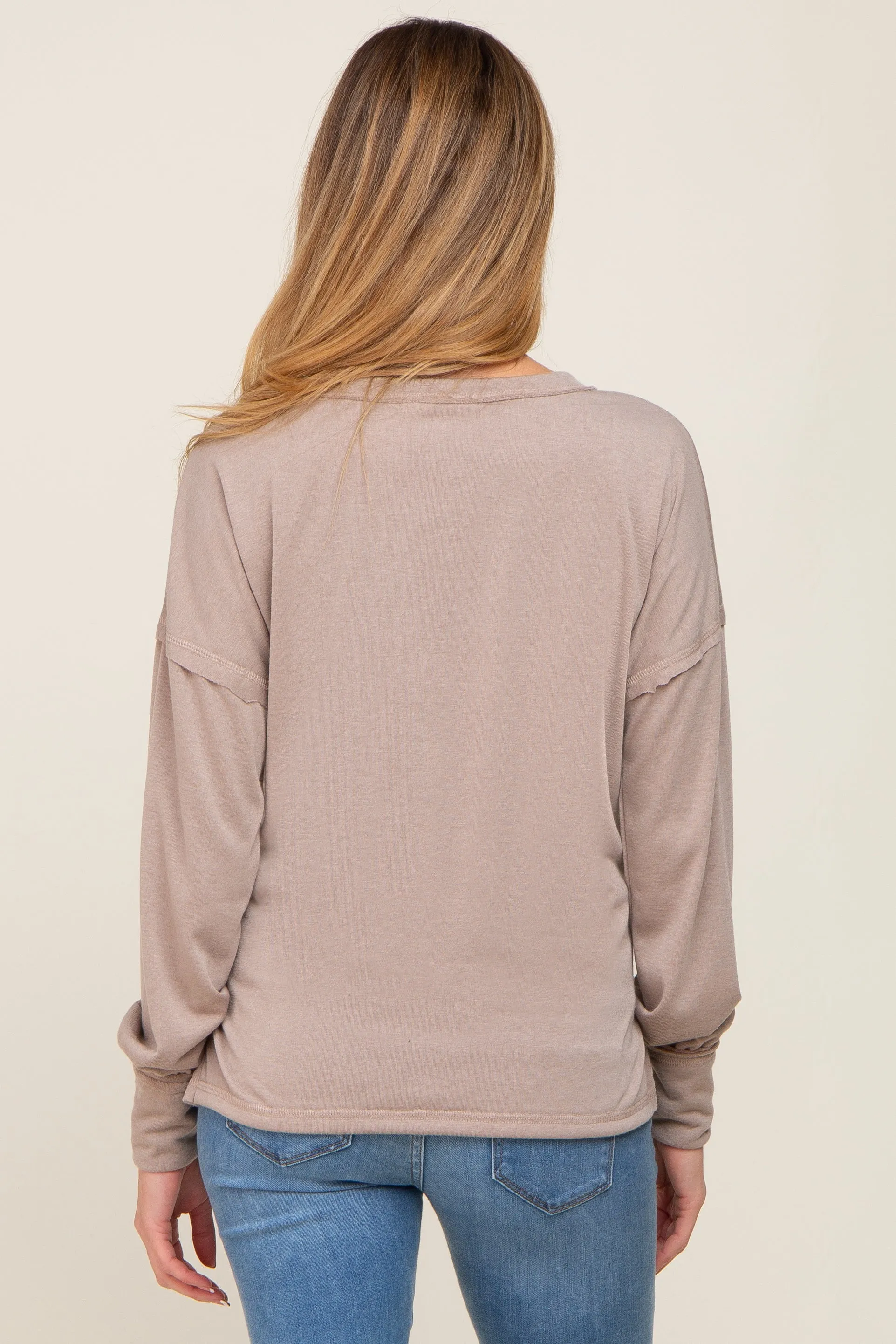 Beige Button Front Terry Long Sleeve Maternity Top