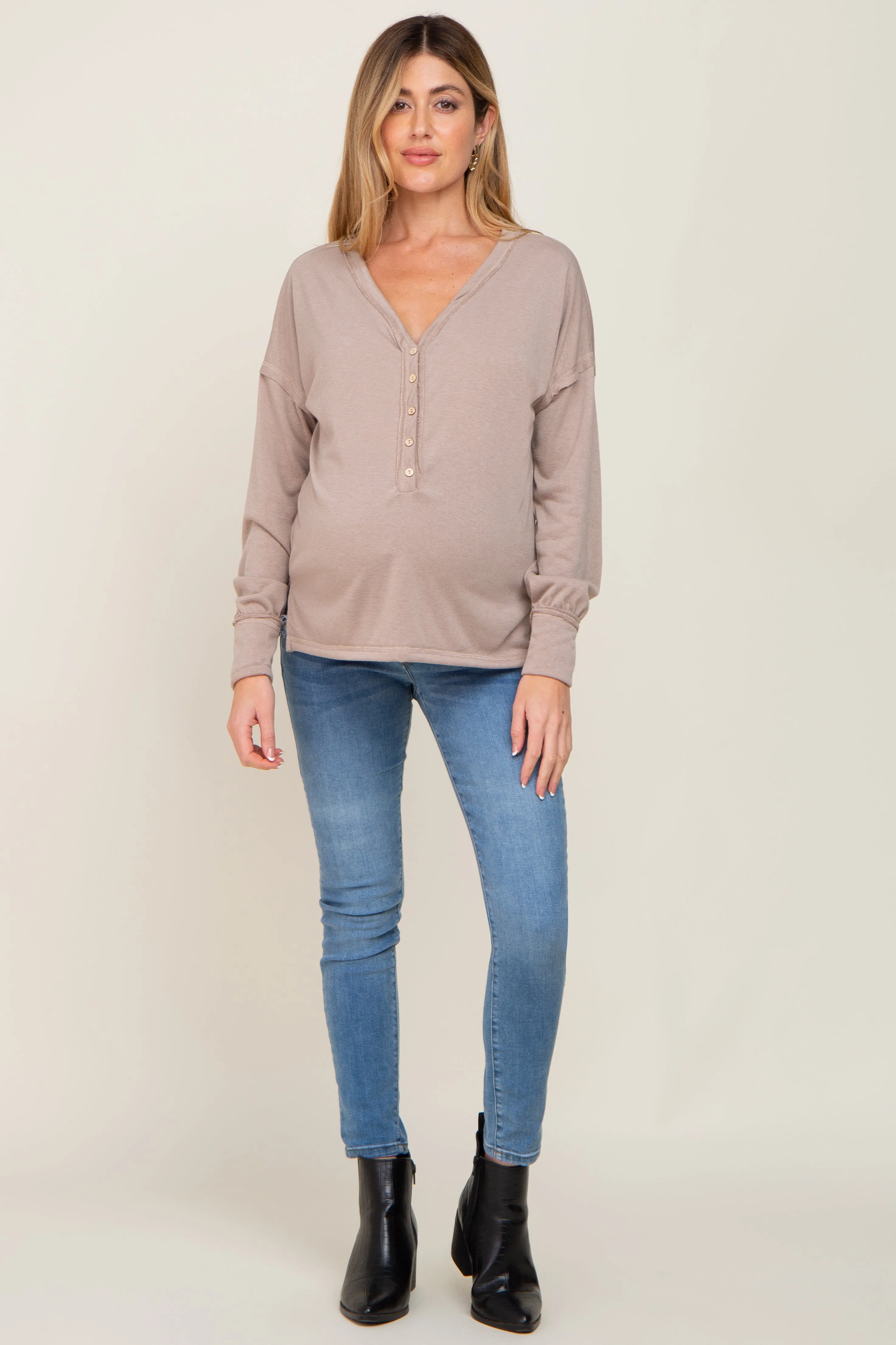 Beige Button Front Terry Long Sleeve Maternity Top