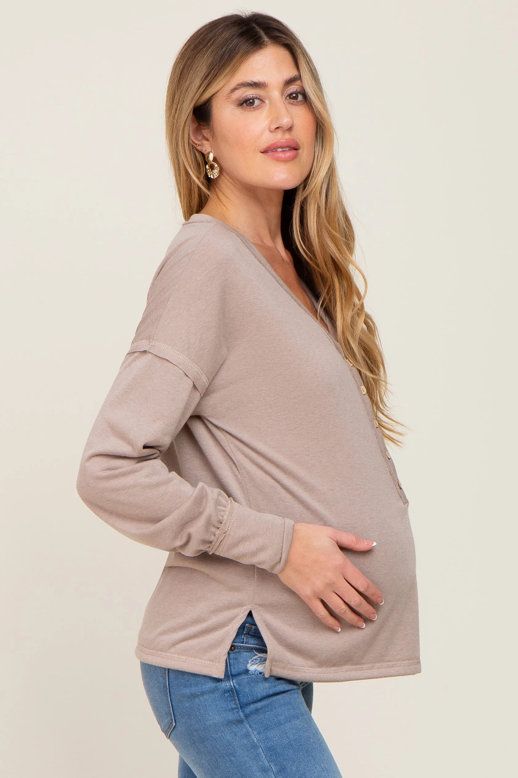 Beige Button Front Terry Long Sleeve Maternity Top