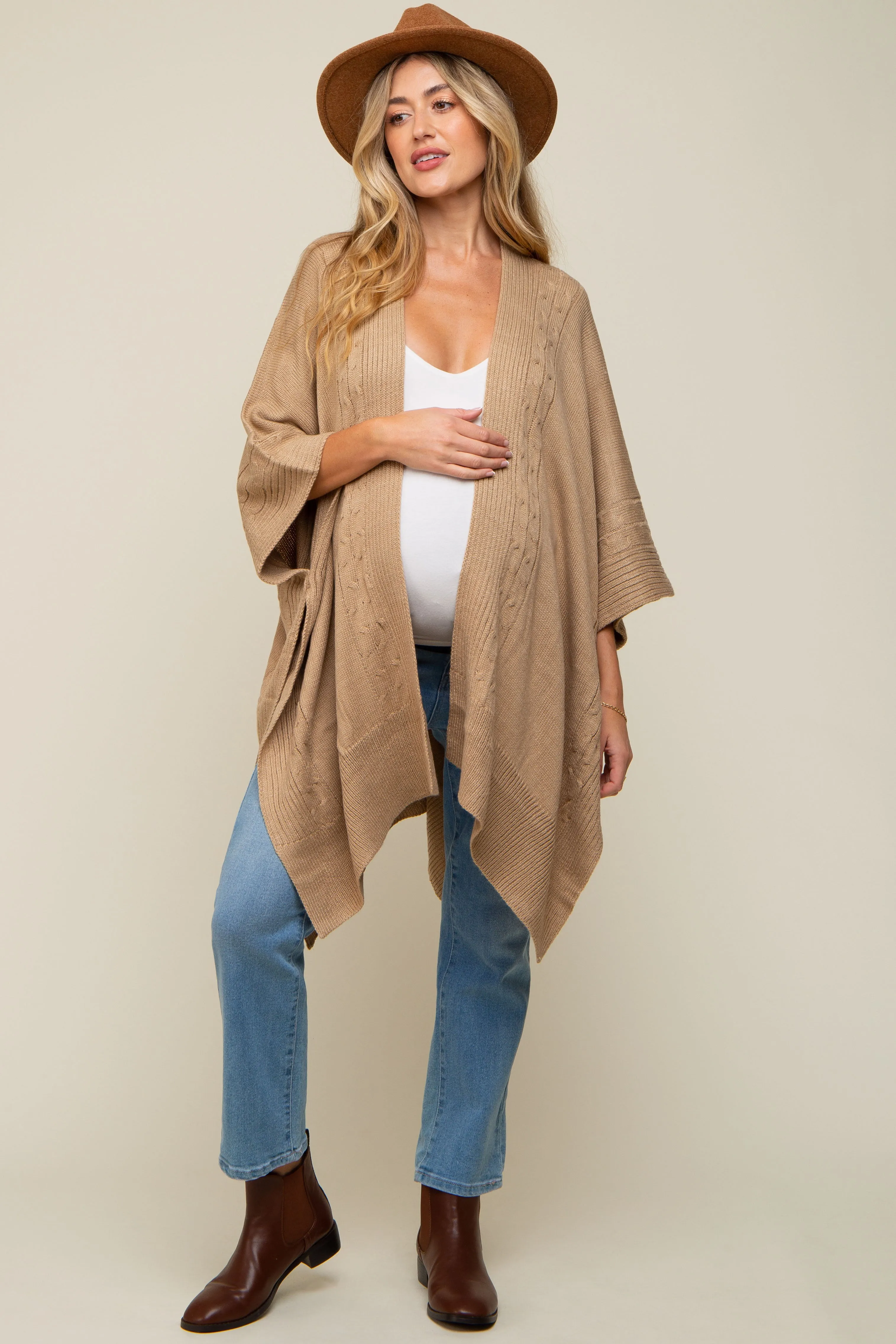 Beige Draped Cable Knit Dolman Sleeve Maternity Cardigan