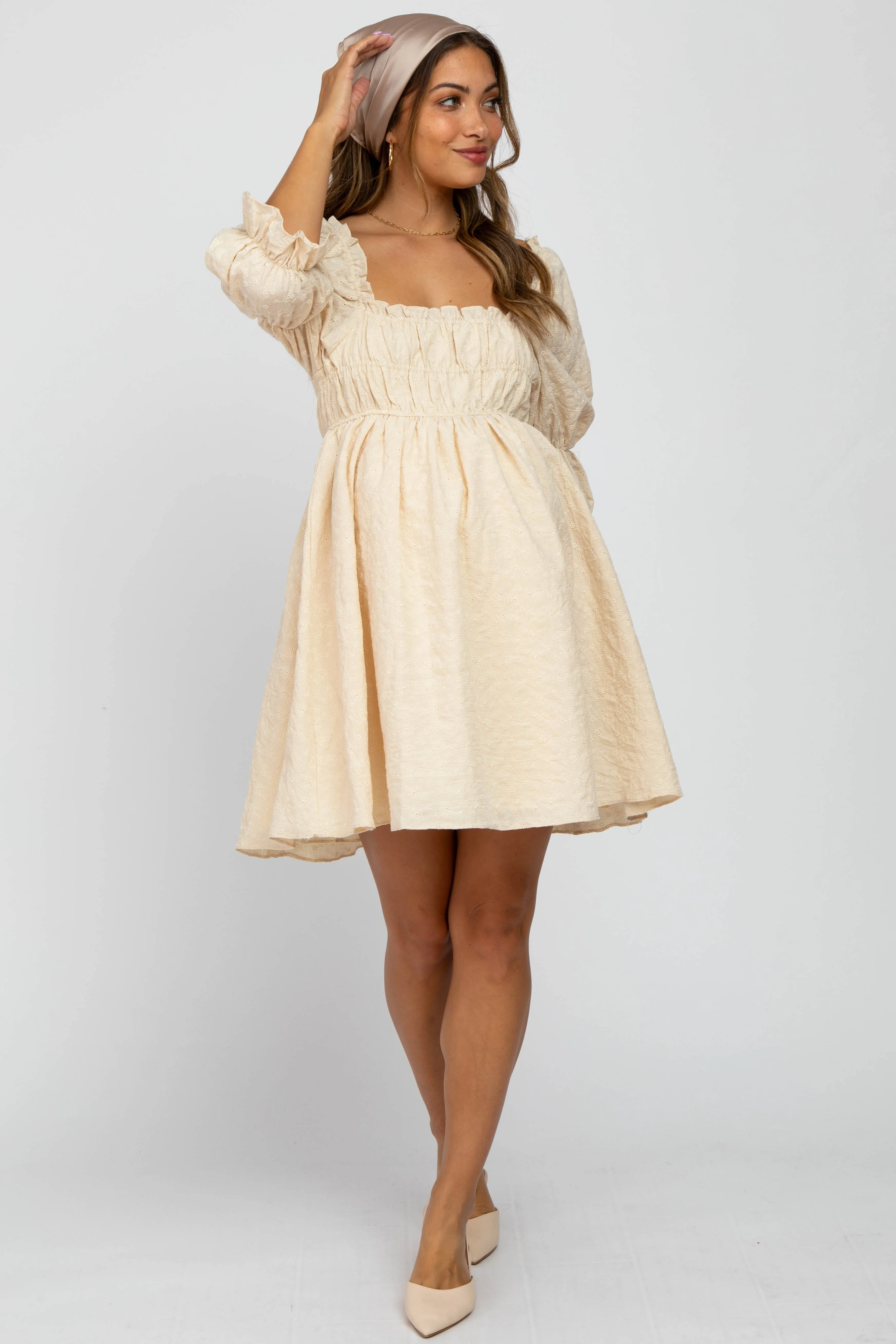 Beige Floral Eyelet 3/4 Puff Sleeve Maternity Dress