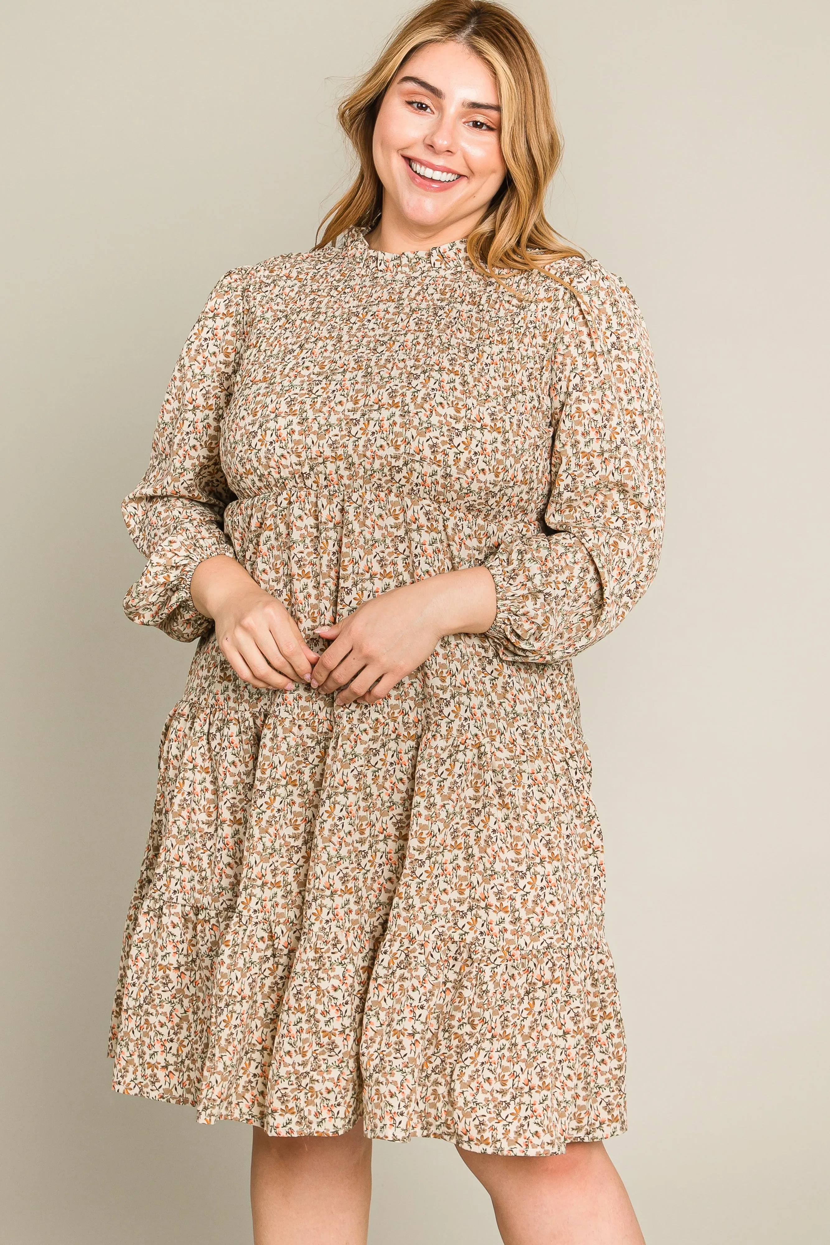 Beige Floral Shirred Mock Neck Maternity Plus Dress