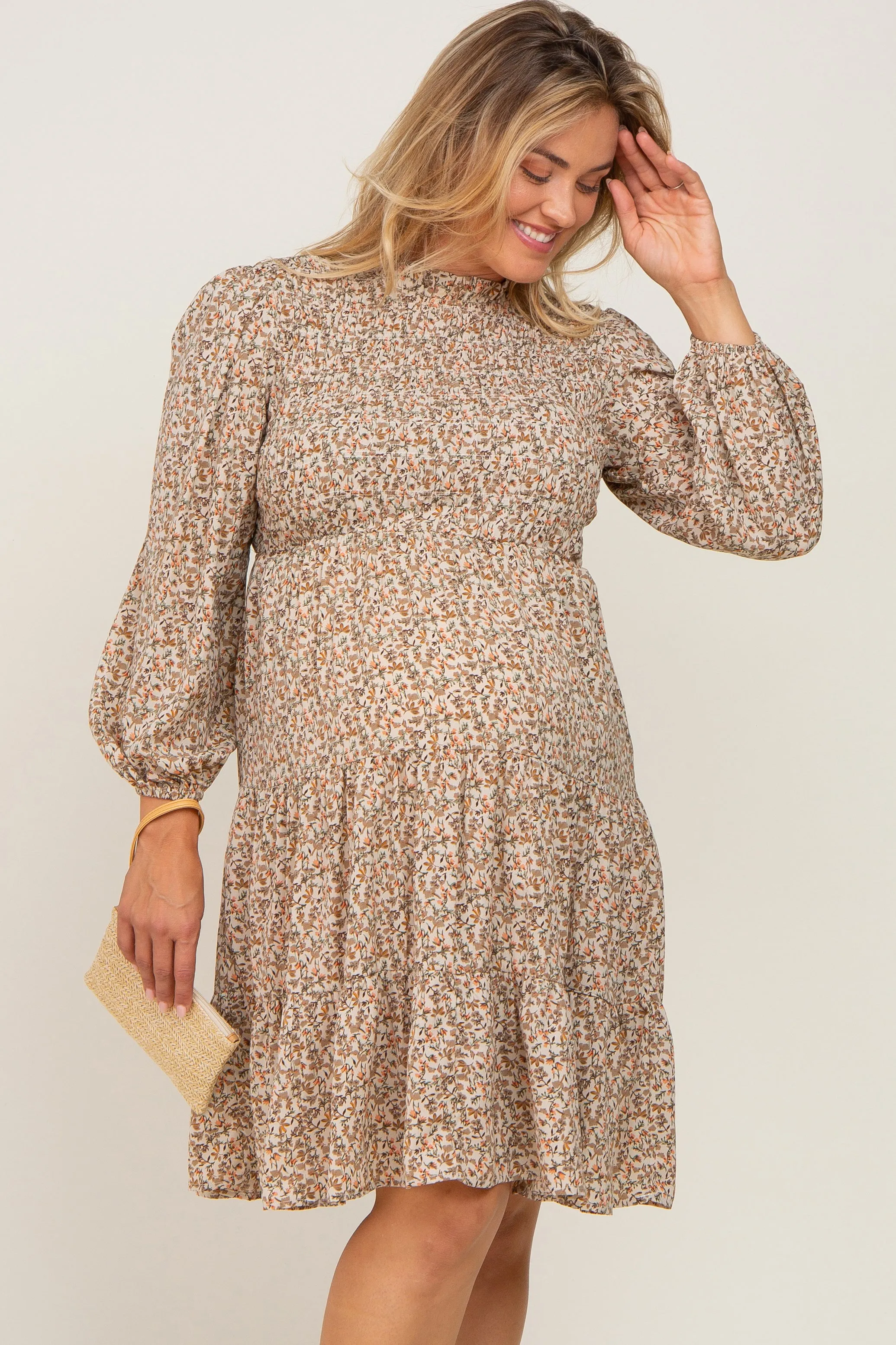 Beige Floral Shirred Mock Neck Maternity Plus Dress