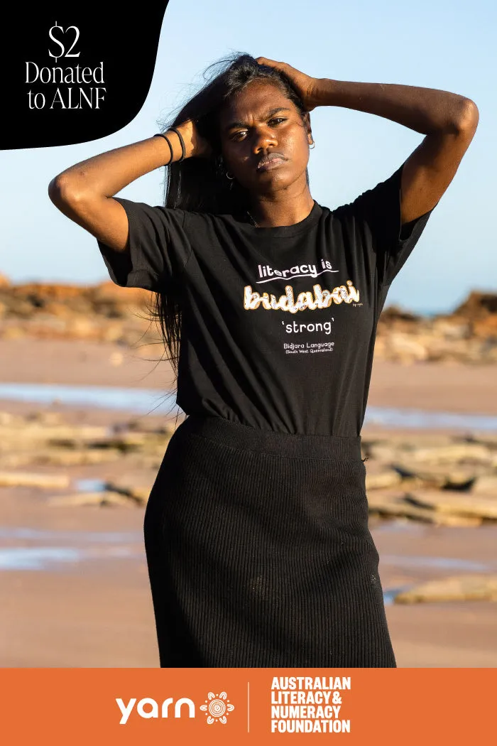 Budabai 'Strong' ALNF Black Cotton Crew Neck Women's T-Shirt