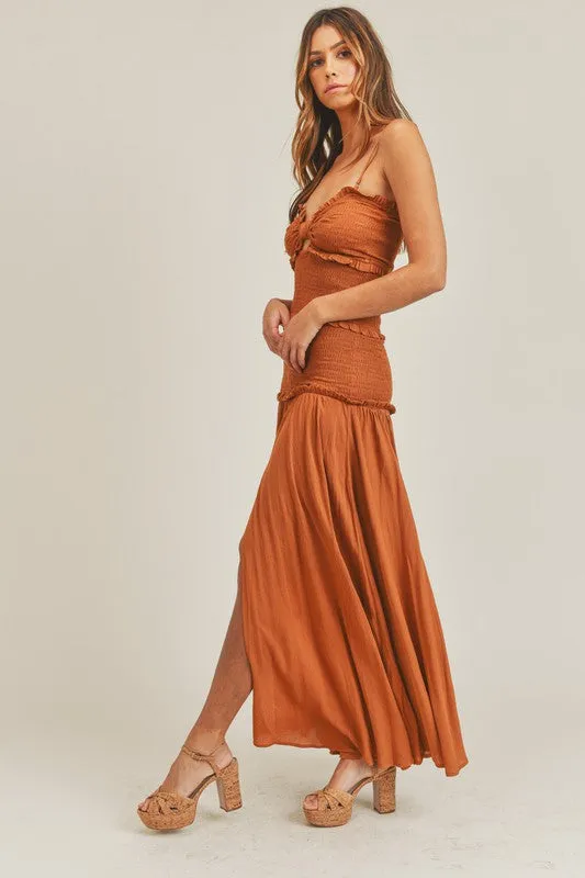 Cognac Proposal Smocked Maxi Dress