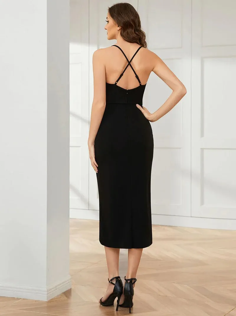 High Stretch Backless Split Tea Length Cocktail Dress