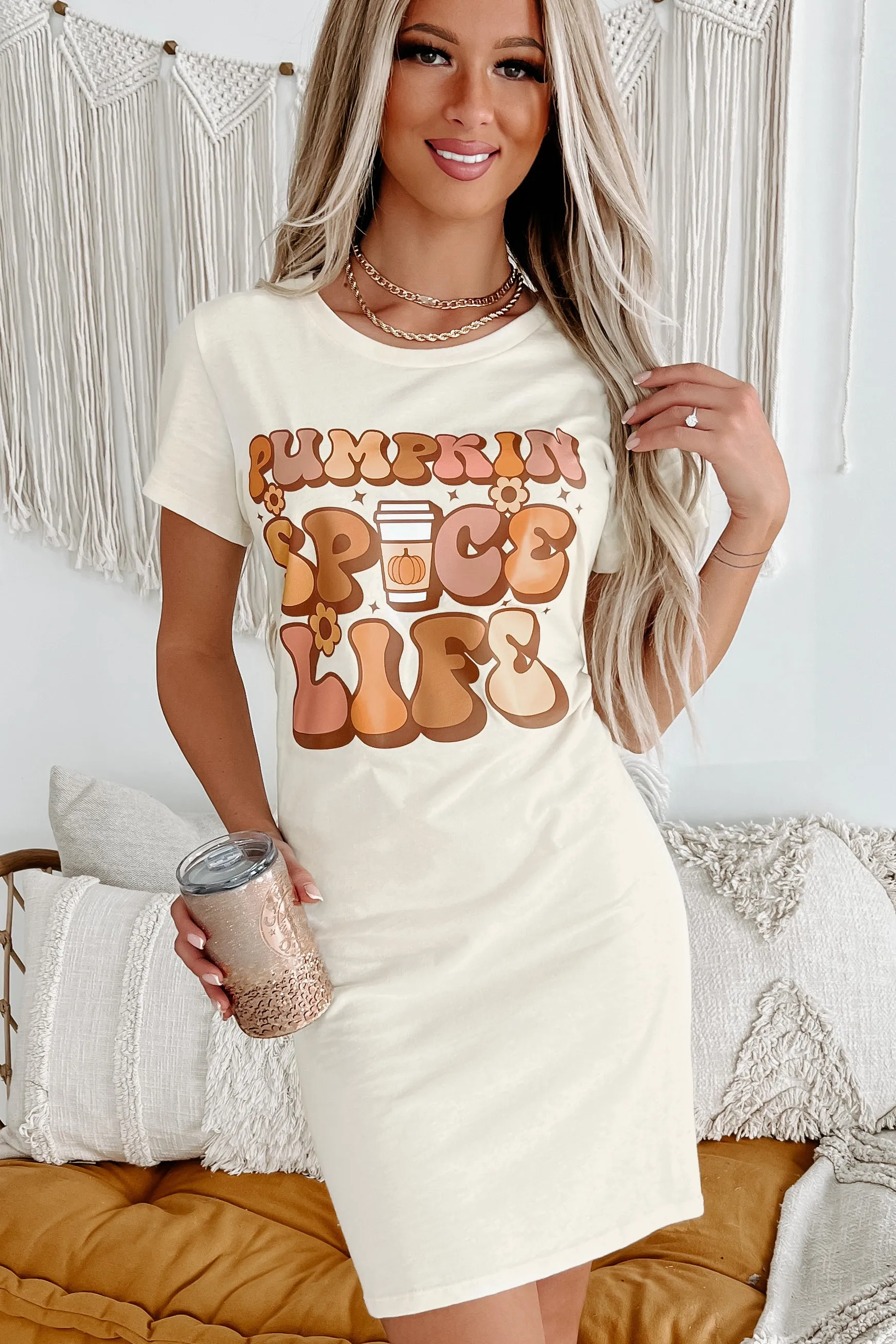 "Pumpkin Spice Life" Graphic T-Shirt Dress (Cream) - Print On Demand