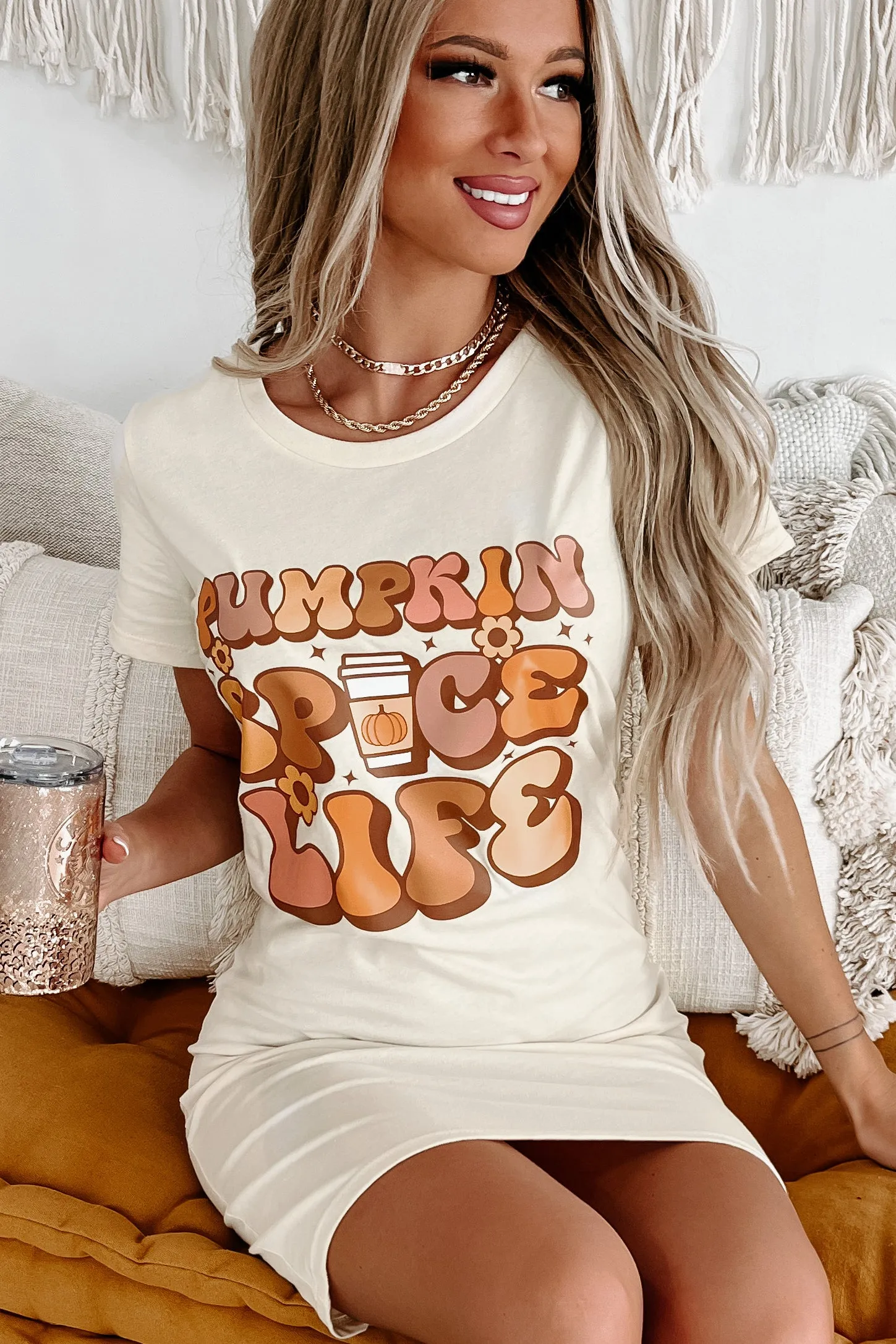 "Pumpkin Spice Life" Graphic T-Shirt Dress (Cream) - Print On Demand