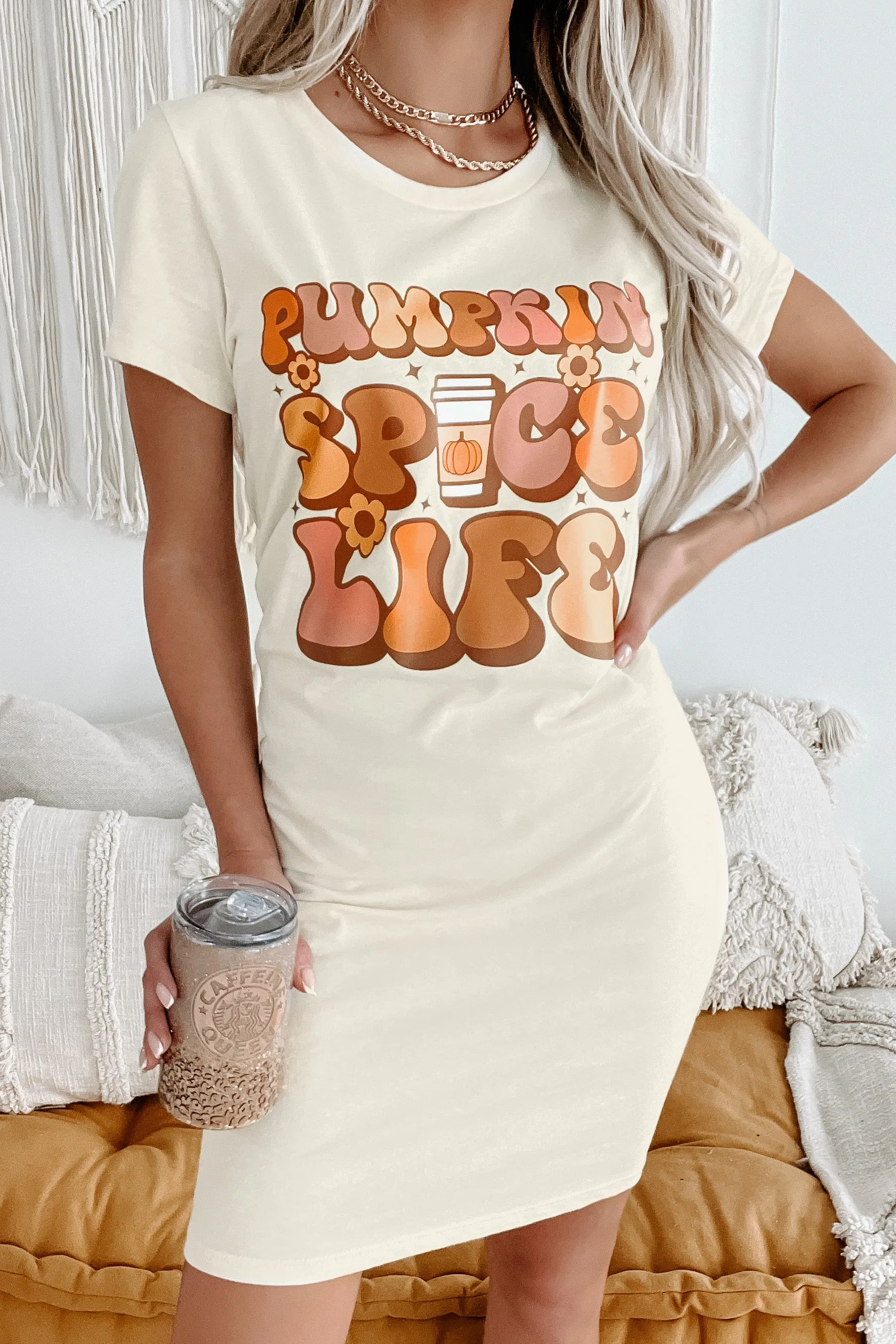 "Pumpkin Spice Life" Graphic T-Shirt Dress (Cream) - Print On Demand