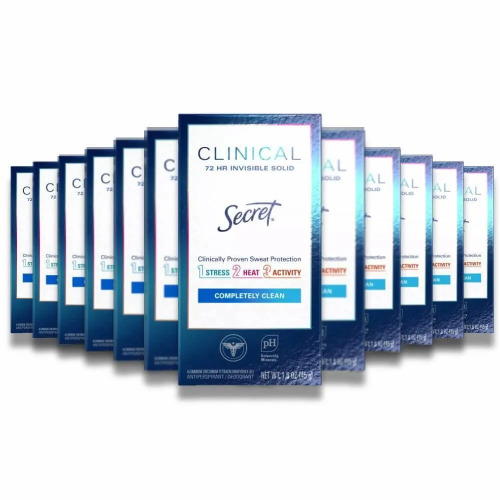 Secret  Clinical Strength Invisible Solid Completely Clean Antiperspirant & Deodorant 1.6 Oz - 12 Pack